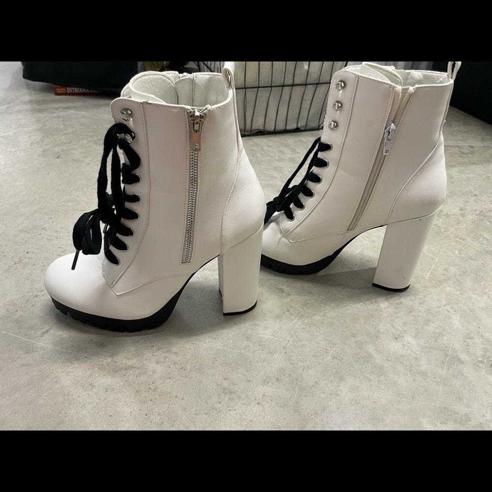 White lace up heel boots